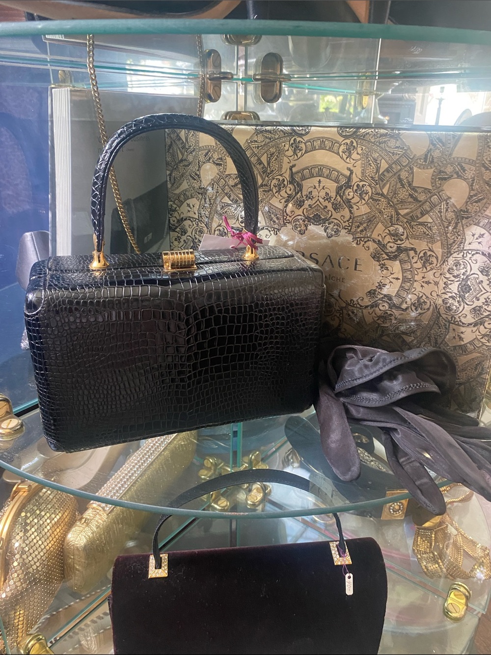 Vintage Black Croc-Embossed Top Handle Clutch with Gold Accents